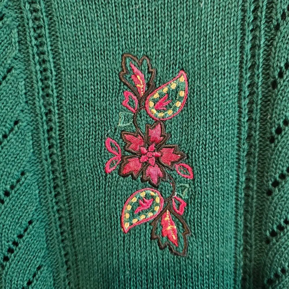 Vintage Floral Sweater Women Lg Green Paisley Knit Twee Preppy Cottage Neutral